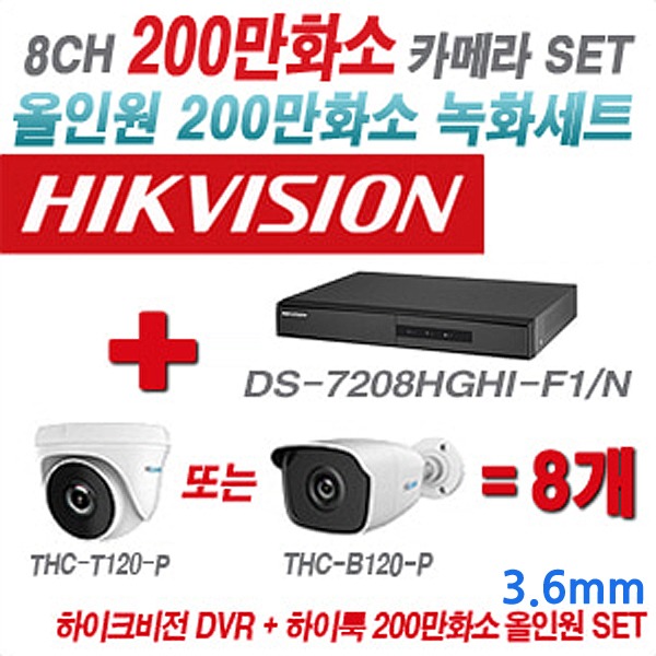 하이크비전 DVR+하이룩 카메라 200만화소 8CH 세트(실내형 및 실외형 3.6mm 렌즈 출고)