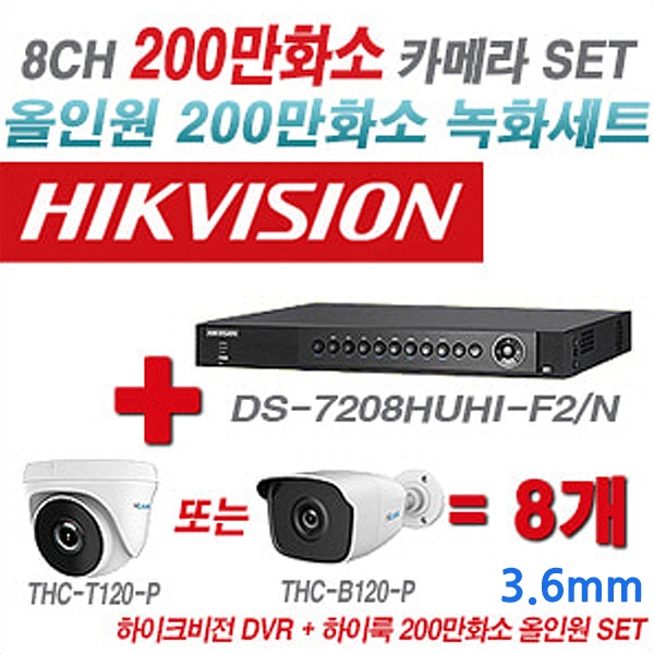 하이크비전 DVR+하이룩 카메라 200만화소 8CH 세트2(실내형 및 실외형 3.6mm 렌즈 출고)
