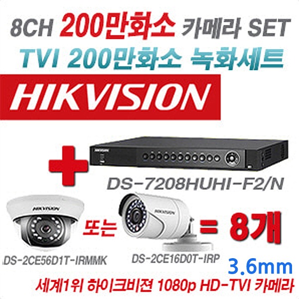 하이크비젼 200만화소 8CH TVi 세트2(실내형 및 실외형 3.6mm 렌즈 출고)